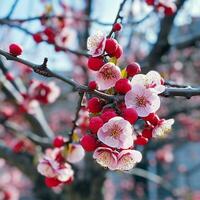 Ume is a Japanese plum and the red and white blossom is a congratulatory flower in Japan. photo