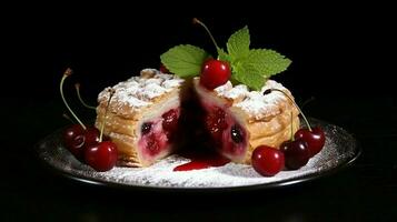 Tasty homemade pie with ripe juicy cherry and mint leaves rotating on black background. photo