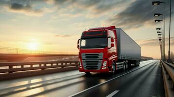 A cargo truck with a container is seen driving across a bridge, while a semi-truck with a cargo trailer follows closely behind. photo