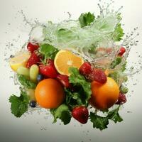 Fresh juice pours from fruit and vegetables into the glass isolated on white background photo