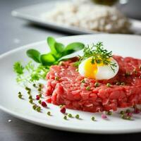 Tasty Steak tartare Raw beef - classic steak tartare on white plate Awesome background. photo