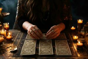 Fortune teller reads tarot cards. Generative AI photo