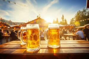 Two mugs of beer on wooden table with street cafe background. Generative AI photo