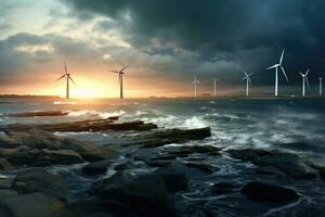 Offshore wind farm. Wind generators in sea. Generative AI photo