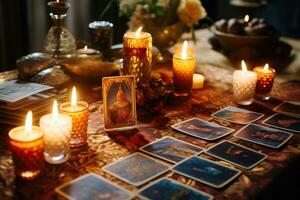 Tarot cards on wooden table. Fortune telling and reading future. Generative AI photo