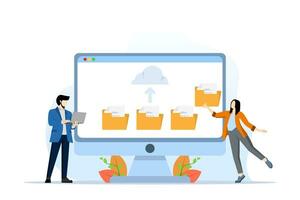 People with cloud data concept. Online services for storing and sharing information. Download and upload files and documents. Storage and archives, servers. Flat vector illustration on background.