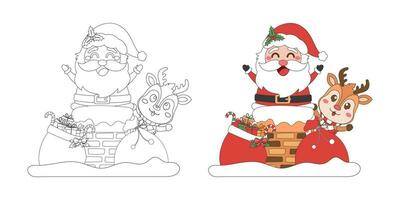 Santa Claus and reindeer at chimney on the roof, Christmas theme line art doodle cartoon illustration, Coloring book for kids, Merry Christmas. vector