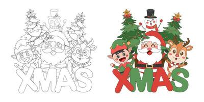 Santa Claus and cute Christmas characters with XMAS alphabet, Christmas theme line art doodle cartoon illustration, Coloring book for kids, Merry Christmas. vector