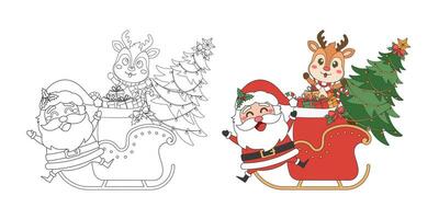 Santa Claus, Reindeer, Sleigh and Christmas tree, Christmas theme line art doodle cartoon illustration, Merry Christmas. vector