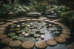 Zen garden with waterlilies, created with generative AI photo