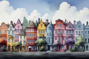 Row of pastel houses in watercolor painted style, created with generative AI photo