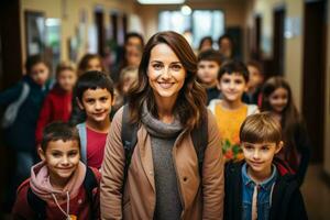 School teacher and kids in school corridor photo