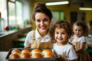 Preschool teacher and kids in school canteen photo