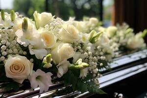 blanco ataúd con plata manejas con blanco flores a un funeral Servicio foto