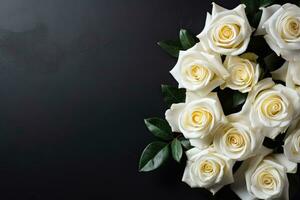 Funeral white roses on dark background with copy space photo