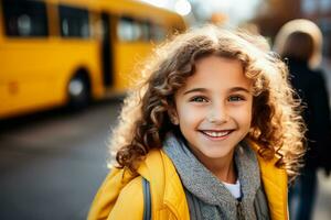 elemental estudiante niña sonriente y Listo a tablero colegio autobús foto