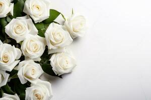 Funeral white roses on white background with copy space photo