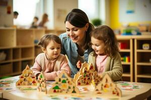 Preschool teacher and kids playing with colorful wooden toys photo