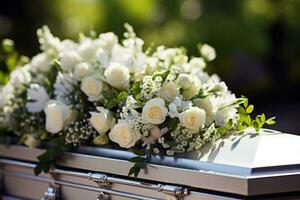 White Coffin with silver handles with white flowers at a funeral service photo