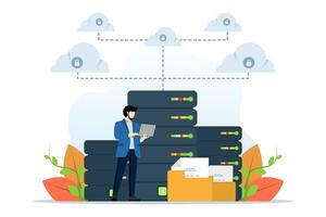 Business technology cloud storage concept, cloud server service with administrator and developer workstation concept, People with cloud data concept. Services for storing and sharing information. vector