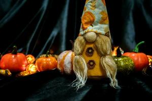 Halloween decorations background. Halloween Scary pumpkin head on wooden table Halloween holiday concept photo