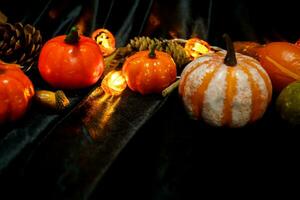 Halloween decorations background. Halloween Scary pumpkin head on wooden table Halloween holiday concept photo