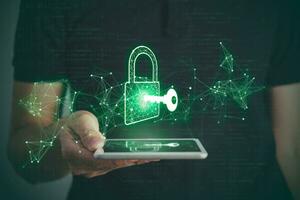 Business man using tablet with padlock and key icon screen, Data Security system concept, innovation technology, cloud computing, internet network communication photo