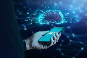 Businessman holding mobile phone with  AI icon artificial intelligence on screen and brain above.big data, science, innovation technology, cloud computing, futuristic concept photo