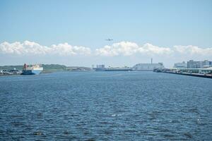 Tokyo deep water port with cargo ship in Tokyo, Japan photo