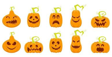 Halloween pumpkin with different scary faces set vector