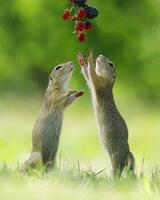 Two squirrels are picking berries photo