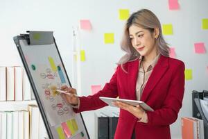 Asian businesswoman presenting a profitable company marketing plan with confidence at the office and future investment plans of the company with charts and graphs on the board. photo
