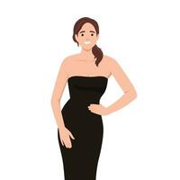 Vector fashion illustration of a beautiful young woman in a black party dress. Fashion model in a summer outfit.