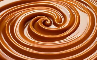 Delicious melted caramel texture. Flow, wave and drops splash caramels sauce. Sweet food design background. photo