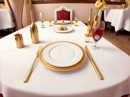 Template empty plate in expensive luxury restaurant. Tableware serving mockup, copy space. photo