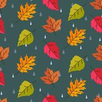 Seamless pattern with autumn bright leaves and raindrops on a dark green background. Vector graphics.