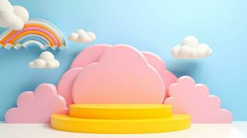 3D rendering podium kid style, colorful background, clouds and weather with empty space for kids or baby product. bright colors. photo