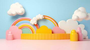 3D rendering podium kid style, colorful background, clouds and weather with empty space for kids or baby product. bright colors. photo