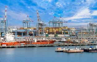 Israel, panoramic view of Haifa industrial port and terminal near downtown and financial center photo