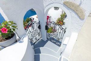 Greece Islands, scenic panoramic sea views of Santorini island from top outlook of Fira village photo