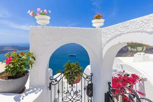 Greece Islands, scenic panoramic sea views of Santorini island from top outlook of Fira village photo