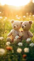 Couple teddy bears hugging flowers garden green grass, Valentine's day concept. Generative AI photo