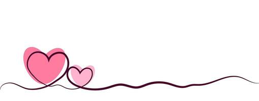 Heart symbol of valentines day. Line art style, wide banner with space for text on white background