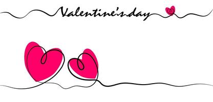 Heart symbol of valentines day. Line art style, wide banner with space for text on white background