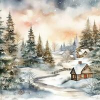 Watercolor winter landscape with wooden house in the forest. New Year Winter Background photo