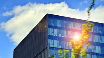 Reflection of modern commercial building on glass with sunlight. Eco architecture. Green tree and glass office building. The harmony of nature and modernity. photo