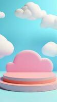 3D rendering podium kid style, colorful background, clouds and weather with empty space for kids or baby product. bright colors. photo