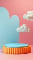 3d representación podio niño estilo, vistoso fondo, nubes y clima con vacío espacio para niños o bebé producto. brillante colores. foto