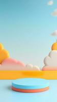 3D rendering podium kid style, colorful background, clouds and weather with empty space for kids or baby product. bright colors. photo