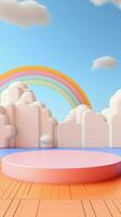 3D rendering podium kid style, colorful background, clouds and weather with empty space for kids or baby product. bright colors. photo